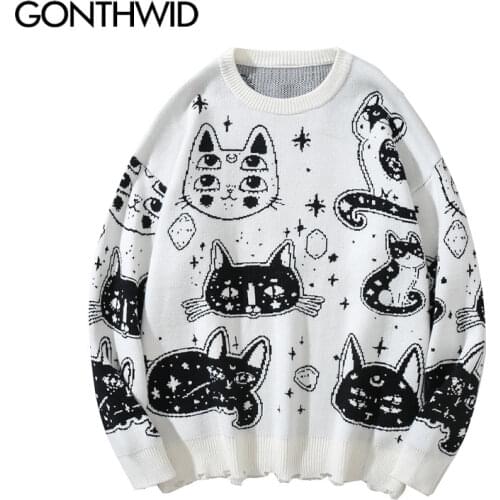 GONTHWID Harajuku Streetwear Sweaters Graffiti Cartoon Cat Knitted Jumpers Hip Hop Casual Sweater Outerwear Fashion Loose Tops