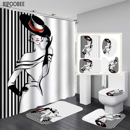 Sexy Lady Shower Curtains Waterproof Fabric Bathroom Curtain White Bath Mats Pedestal Non-slip Carpet Flannel Toilet Lid Cover