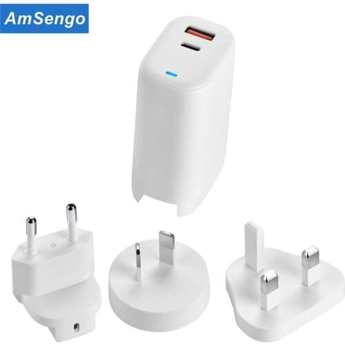 Amsengo GaN 65W Quick Charge Power Adaptor Dual USB C EU/US/UK For iPhone 12 11 Pro Max Macbook Samsung Huawei Xiaomi Charger