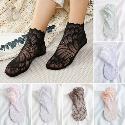 Women Socks Casual Breathable Crystal Silk Peacock Feather Pattern Lace Ultra-Thin Invisible Sock Fashion Personality Ship Socks