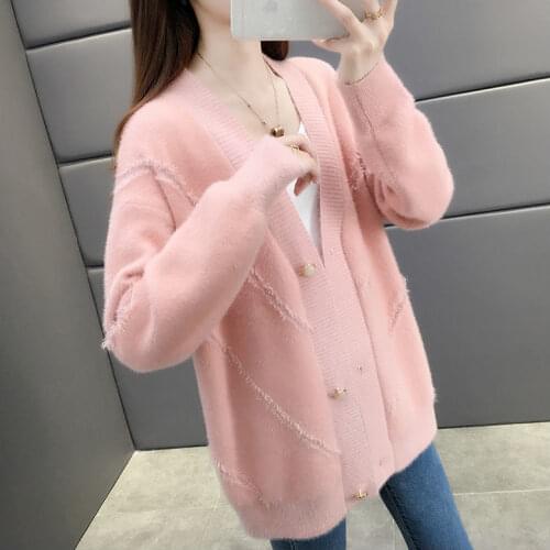 2021 Autumn Winter Women Thick Warm Knitted Sweater Female Imitation Mink Velvet Loose Cardigan Lady Csaual Solid Cardigan P632