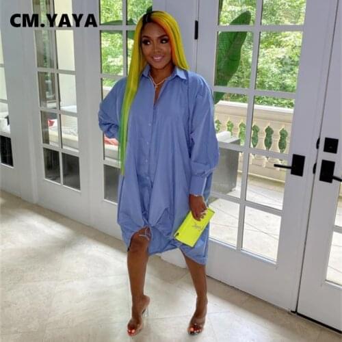 CM.YAYA Women Midi Dress Solid Full Sleeve Turn-down Collar Single Breasted Draw String Loose Dresses Fashion Outfit Autumn 2021
