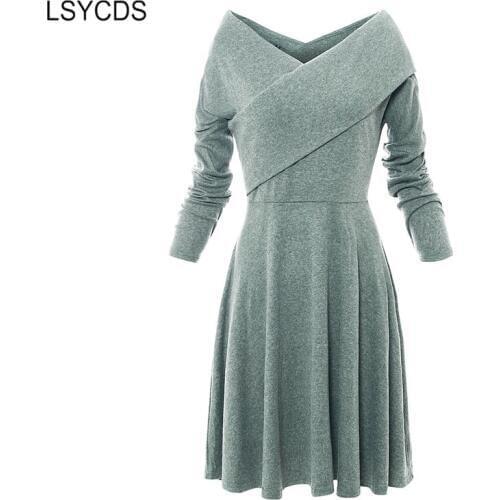 Dress Women Long Sleeve 2020 Autumn Winter Sexy V-Neck Big Swing Ladies Dresses Work Party Vintage 50s 60s Retro Vestidos
