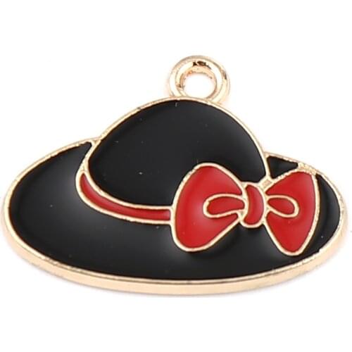 10PCs Zinc Based Alloy Clothes Charms Hat Gold Color Black & Red Bowknot Enamel 22mm x 16mm
