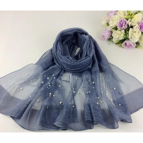20pcs Luxury Plain Wool Shawls With Pearls And Silk Cotton Women Long Scarves Muslim Hijab Wraps