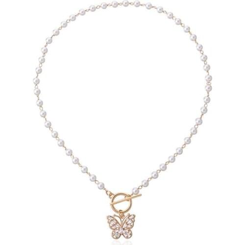 2021 Fashion Beaded Pearl Necklace Women Simple Elegant Fake Pearl Butterfly Necklace Charm Necklace For Women Jewelry