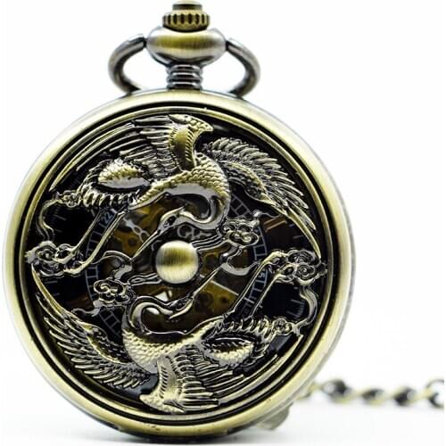 5pcs/lot Top Brand Bronze Skeleton Bird Mechanical Pocket Watch Hand Wind Vintage Retro Steampunk FOB Chain PJX1281