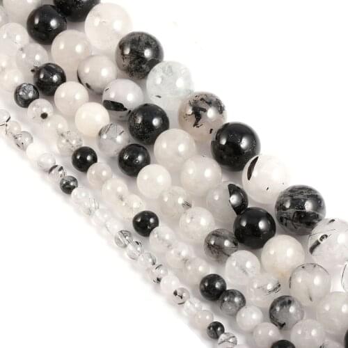 Natural Stone Black Rutilated Quartz Round Loose Beads For Jewelry Making DIY Bracelet Necklace Accessories 15'' 4/6/8/10/12mm