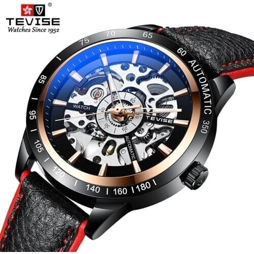 TEVISE Mechanical Watches Automatic Self-Wind Movement Skeleton Watch Black Red Leather Wrist Band Male Clock Relógio Masculino