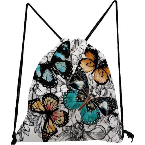 Black Floral Butterfly Print Backpack Beautiful Drawstring Bags Fashion Travel Bag Large Capacity Shoe Bag to School Storage Bag
