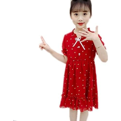 Baby Girl Dress Cute Strawberry Patterned Chiffon Princess Bow Round-Neck Red Clothes For Children 4 5 6 7 8 9 10 11 12 13 Years