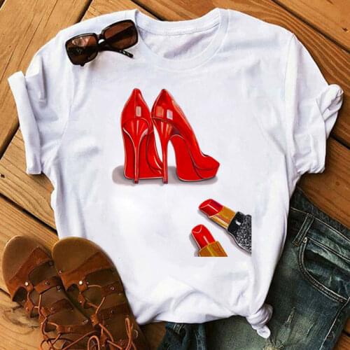 New Fashion Womens Tees Ladies Shirt Red High Heel Shoes and Lipstick Print Vogue T-shirt Womens Harajuku 90s Tops Lil Peep