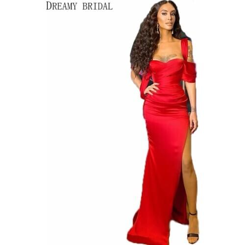 Red Straps Celebrity Dresses Thigh high Splits Satin Draped Sexy Hot Oscar Gowns