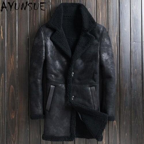 AYUNSUE 2020 Genuine Sheep Shearling Leather Jackets for Men Clothing Long Winter Jacket Mens Warm Parka Ropa De Hombre LXR1070