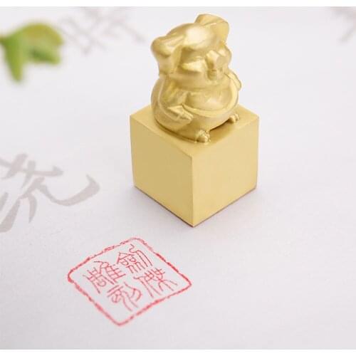Cute Pig Engraved Solid Brass Name Seals Handmade Personalized Signature Name Chapter Gold Square Metal Stamps Calligraphy Chop