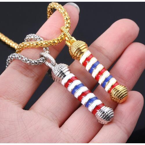 Fashion Jewelry Gold Barber Shop Poland 3D Barber Pole Necklace 2 Style Hiphop Barber Haircut Gothic Necklaces for men