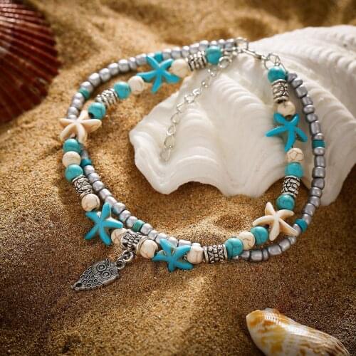 Fashion double Anklet starfish rice bead Yoga beach Owl Pendant Anklet Bracelet