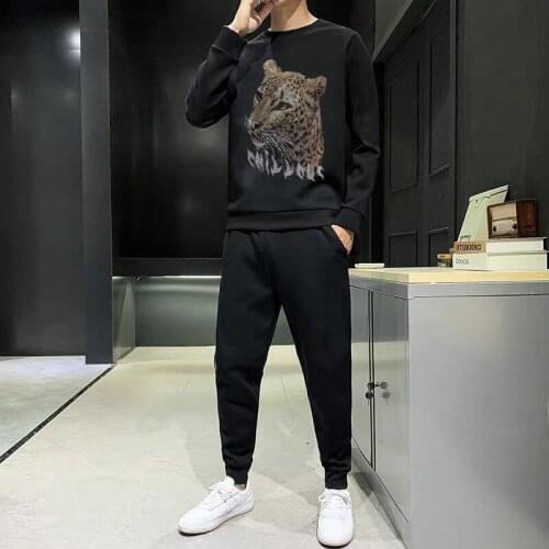 New Trend Hoodie + Pants Loose Mens Tracksuit Diamond Skull Sets Pullover Exaggerated Sweatshirt Autumn WinterKeep Warm
