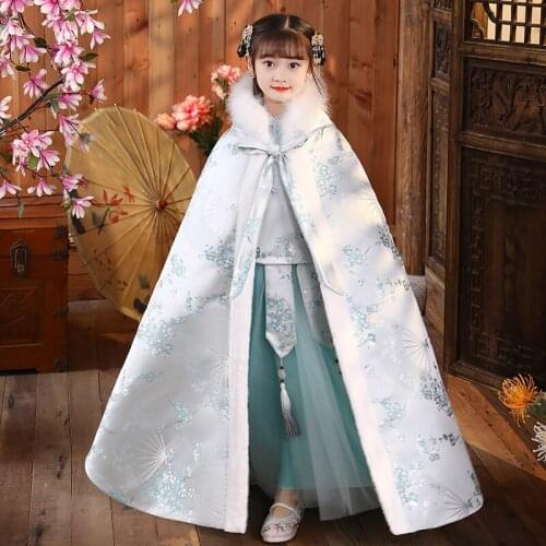 Cape Winter Embroider Quilted Girls Hanfu Thicken Cloak Children Ancient Photography Mantle Kids New Years Wear Keep Warm