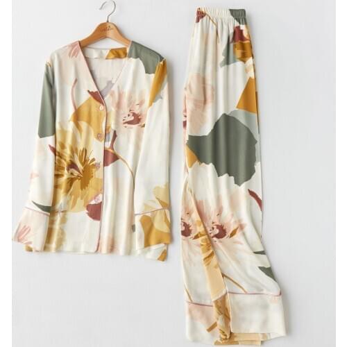 2020 Spring New Women Pajamas Set Palm Leaf Printing Pijama Long Sleeve Pants Pyjamas Loungewear Sexy Sleepwear Home Sleep Suit