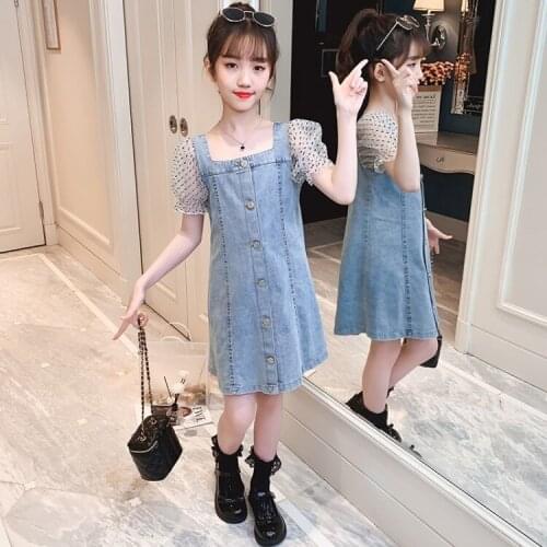 New Summer School Girs Dress Puff Sleeve Kids Jean Dress Princess Party Casual Dress for Girls 4-13 Years Kids Teenager Clothing