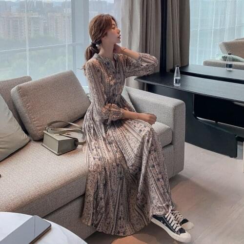 Dresses for Women Long Sleeve Dress Fall Womens Clothing Floral Chiffon Skirt Pleated Maxi Dress Vestido De Mujer Femme Robe