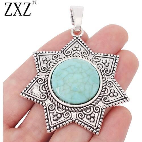 2pcs Large Seven Pointed Star Medal with Faux Turquoise Stone Charms Pendants for Necklace Jewelry Making