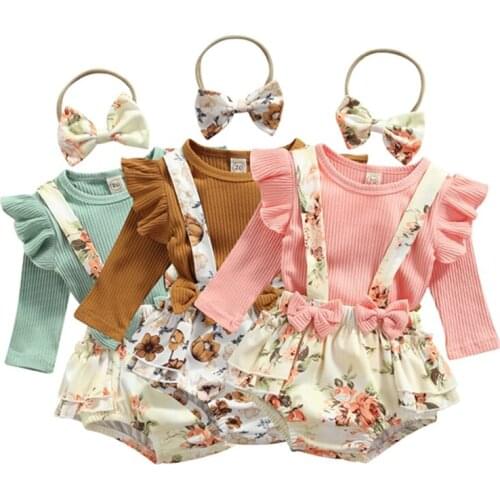 3 Pcs Newborn Casual Outfits Baby Girl Ribbed Fly Sleeve Round Neck T-shirt + Flower Print Overalls with Bowknot + Headband