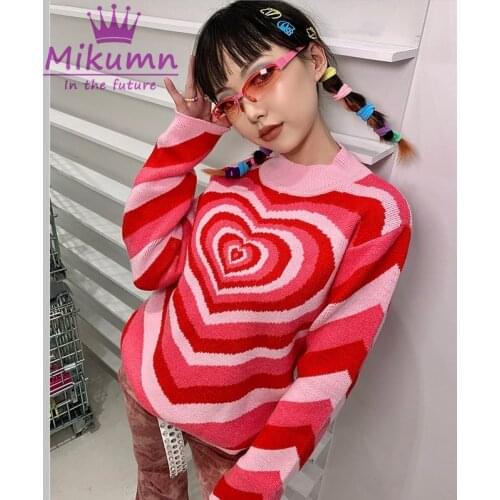 Japanese Harajuku Women Striped Turtleneck Sweater Autumn Long Sleeve Punk Girls Cute Pink Love Heart Sweet Knitted Pullovers