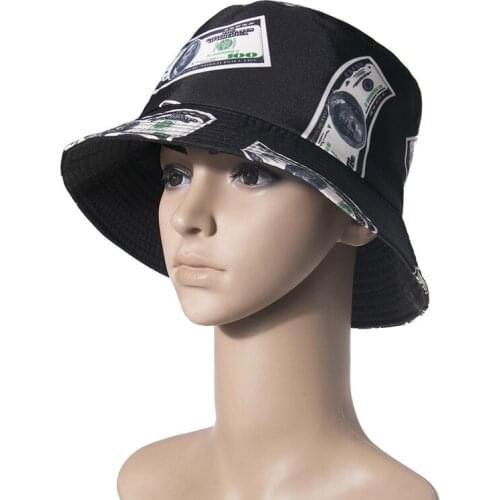 Funny Creative Reversible Cotton Cool American Dollar Print Bucket Hat Hip Hop Summer Graffiti Fisherman Sunshade Cap