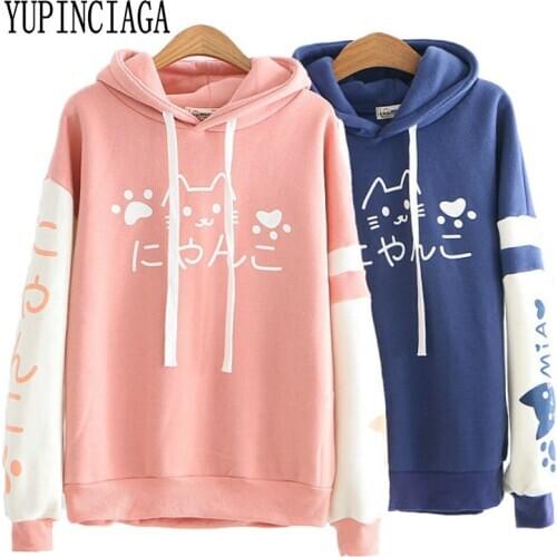 Women Hooded Sweatshirt Cartoon Cat Print Harajuku Cute Hoodies 2020 Spring Long Sleeve Hit Color Patchwork Pullovers YUPINCIAGA
