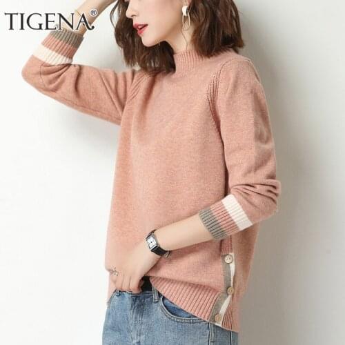 TIGENA Pink Mock Neck Pullover Sweater Women 2021 Autumn Winter Korean Casual Solid Long Sleeve Knit Jumper Female Clothing Tops