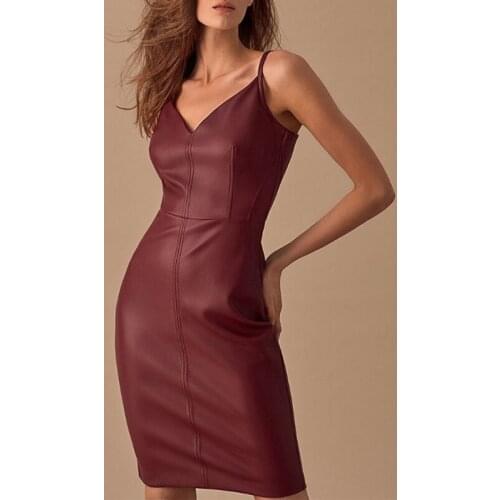 Sexy V Neck Backless Sleeveless Simple Clubbing Dresses 2021 Summer New Lady Slim Spaghetti Strap Pu Retro Evening Party Vestido