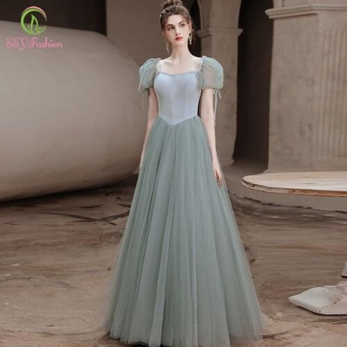 SSYFashion New Romantic Princess Evening Dress Elegant Grey Puff Sleeve A-line Prom Formal Gowns for Women Vestidos De Noite