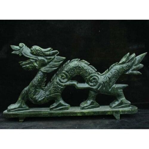 15'' China DuShan Green Jade Jadeite Carved Lucky Dragon loong Sculpture