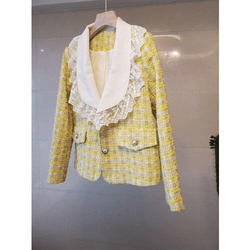 2020 New womens cute retro lace turn down collar long sleeve tweed woolen short coat casacos S M L