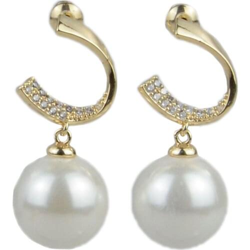 2021 New Women Round Gold Color Shell Pearls Drop Earrings White Natural Zircon Party Wedding Geometric Fine Jewelry Accessories