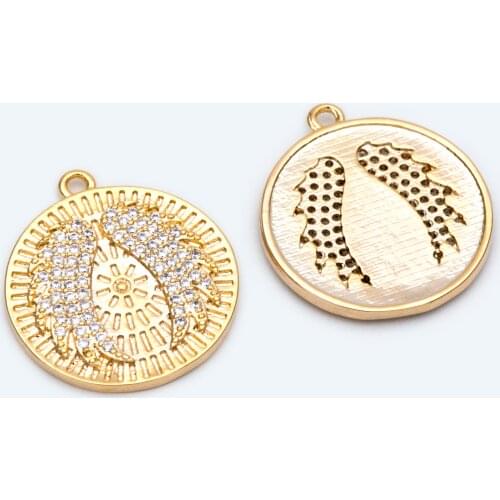 4pcs CZ Paved Gold Angel Wing Charm, Round Necklace Bracelet Pendants For Making Accessories (GB-2087)