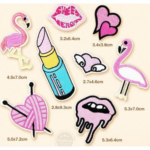 8pcs/lot Heart Mouth Flamingo Patches Iron On Embroidery Patch Badges Applique Clothes Clothing Sewing Supplies Decorative