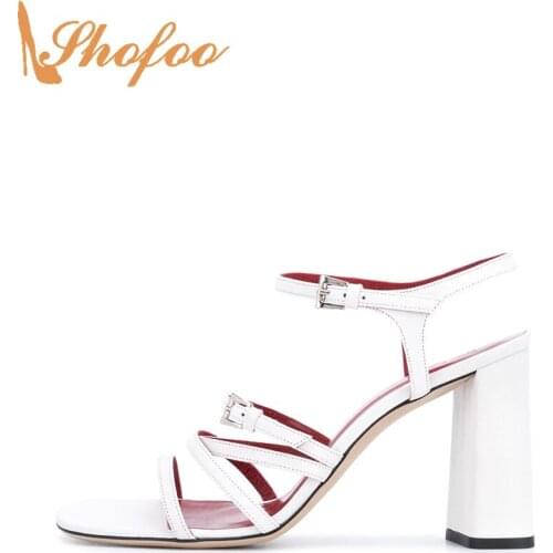 White Red Insole Women Sandals Narrow Band High Chunky Heels Buckle Strap Ladies Summer Fashion Shoes Large Size 13 15 Shofoo