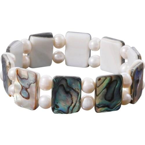 Natural Freshwater Pearl Bracelet With Colored Blue Abalone Stretch Adjustable Bracelet Handmade Women Men Jewelry Gift