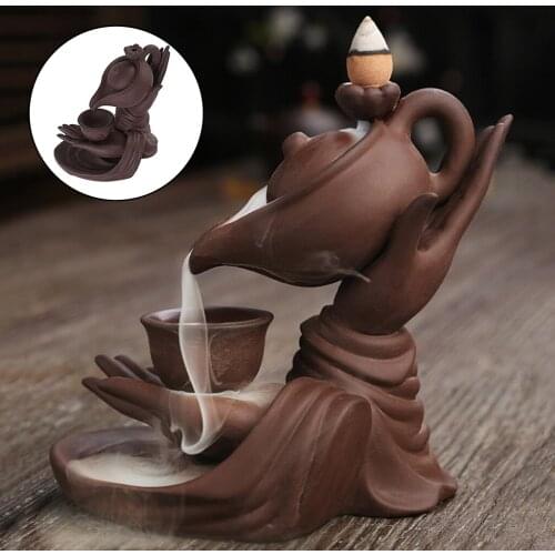 Ancient Chinese Style Purple Clay Buddha Hand Teapot Buddha Hand Incense Cone Burner Holder Figurine Waterfall Backflow Censer