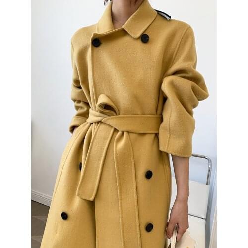 Double breasted square neck tie mid-length double-sided cashmere coat woolen coat female Korean version 21 new