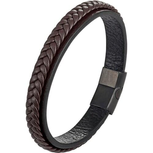 Classical Weaving Double Layer Handmade Leather Bracelets Man Fashion Magnet Clasp Stainless Steel Bracelet Wristband Fine Gift