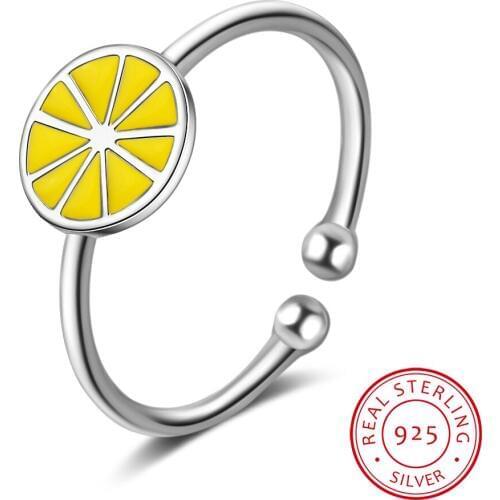 New 925 Simple Popular Cute Silver Fruit Lemon Shape Open Ring For Girls Student Kids Creative Style Fine Jewelry