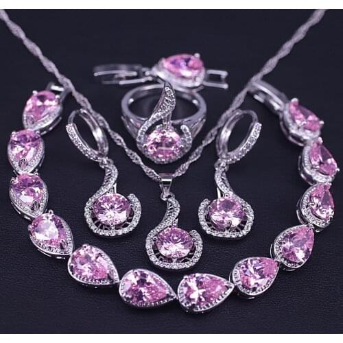 Princess Pink Crystal & Zircon Silver Color Costume Jewelry Set Earrings Ring Necklace Set With Bracelet Bridal Jewelry