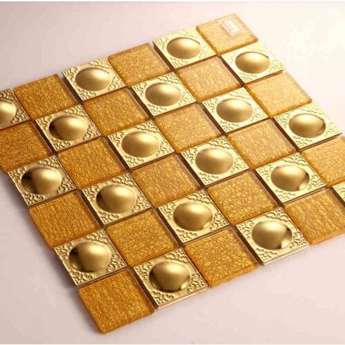 Square golden color glass mixed golden stainless steel tile for kitchen backsplash tile bathroom shower mosaic tiles