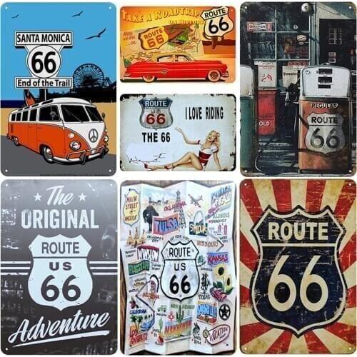 Route US 66 Plaque Metal Vintage Tin Sign Shabby Chic Vintage Decoration On The Wall Iron Poster Pub Club Bar Plates 20*30 cm