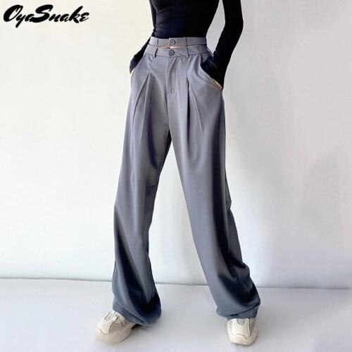 Oyasnake New Hot Cotton Womens 2021 Streetwear Wide Leg Pants Ladies Loose Solid Double Buttoon Waist Pocket Casual Trousers