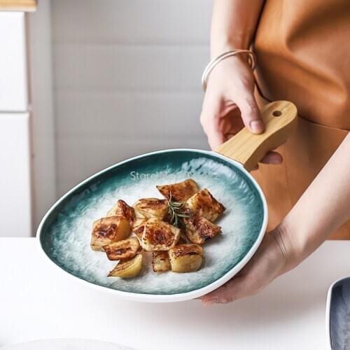 Nordic Style Kiln Changed Ceramic Plate Creative with Handle Baking Tray Oven Baking Tray Salad Steak Plate